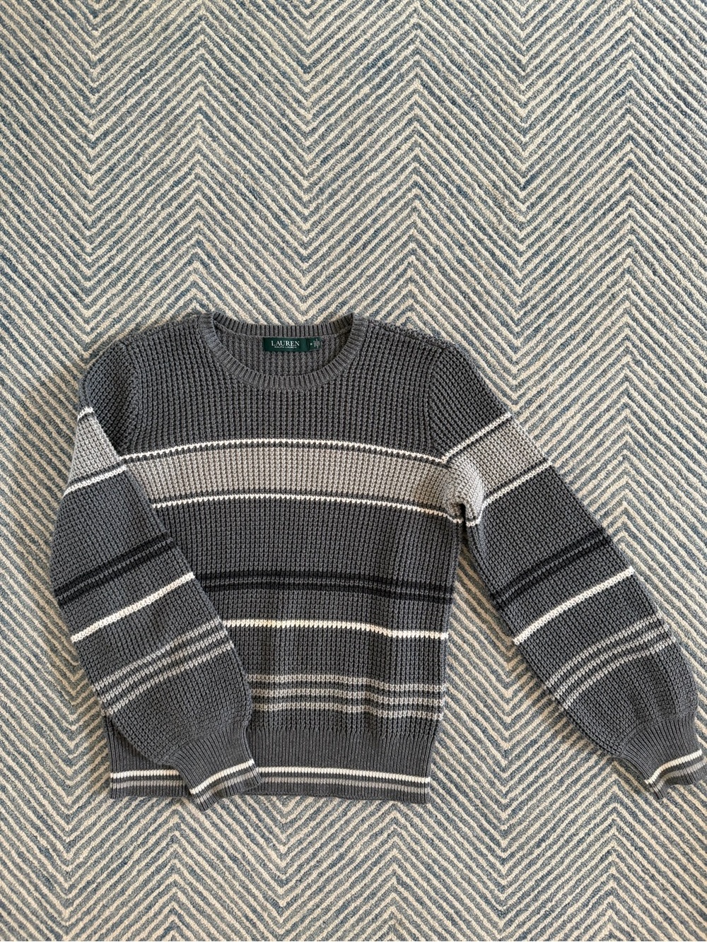 Lauren Ralph Lauren Charcoal and Light Gray Striped Crewneck Sweater